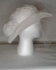 White Wedding Hat with Veil Flowers Lace measurement 20 1/2in inside hat round
