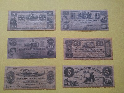 Unique Reproduction Florida Currency 1832-1863 6 Different Currency Notes Crafts