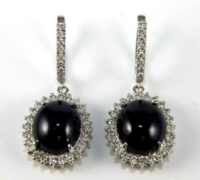 Oval Cabochon Blue Sapphire & Diamond Drop Earrings 14K White Gold 24.64Ct