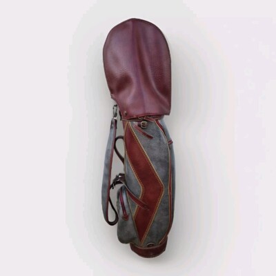 Double Eagle Golf Bag Gray Maroon Leather 5 Pockets 3-Way Divider Rain Hood VTG