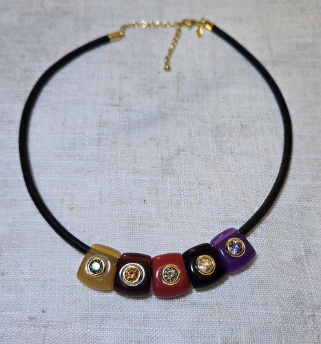 Joan Rivers Leather Cord Italian style necklace/choker w/resin~Rhinestone Beads - Picture 3 of 4