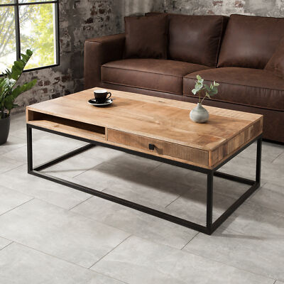 Massiver Couchtisch IRON CRAFT 100cm Mangoholz Schublade schwarzes Metallgestell