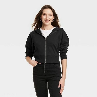 Women s Cropped Zip Up Sweatshirt Universal Thread Black S eBay