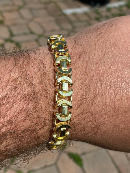 Alternate view of Mens 14k Gold Plated Real Solid 925 Sterling Silver Byzantine Tiger Eye Bracelet