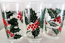 3 Vintage Boscul Christmas "Holly" 5" Glasses Tumblers