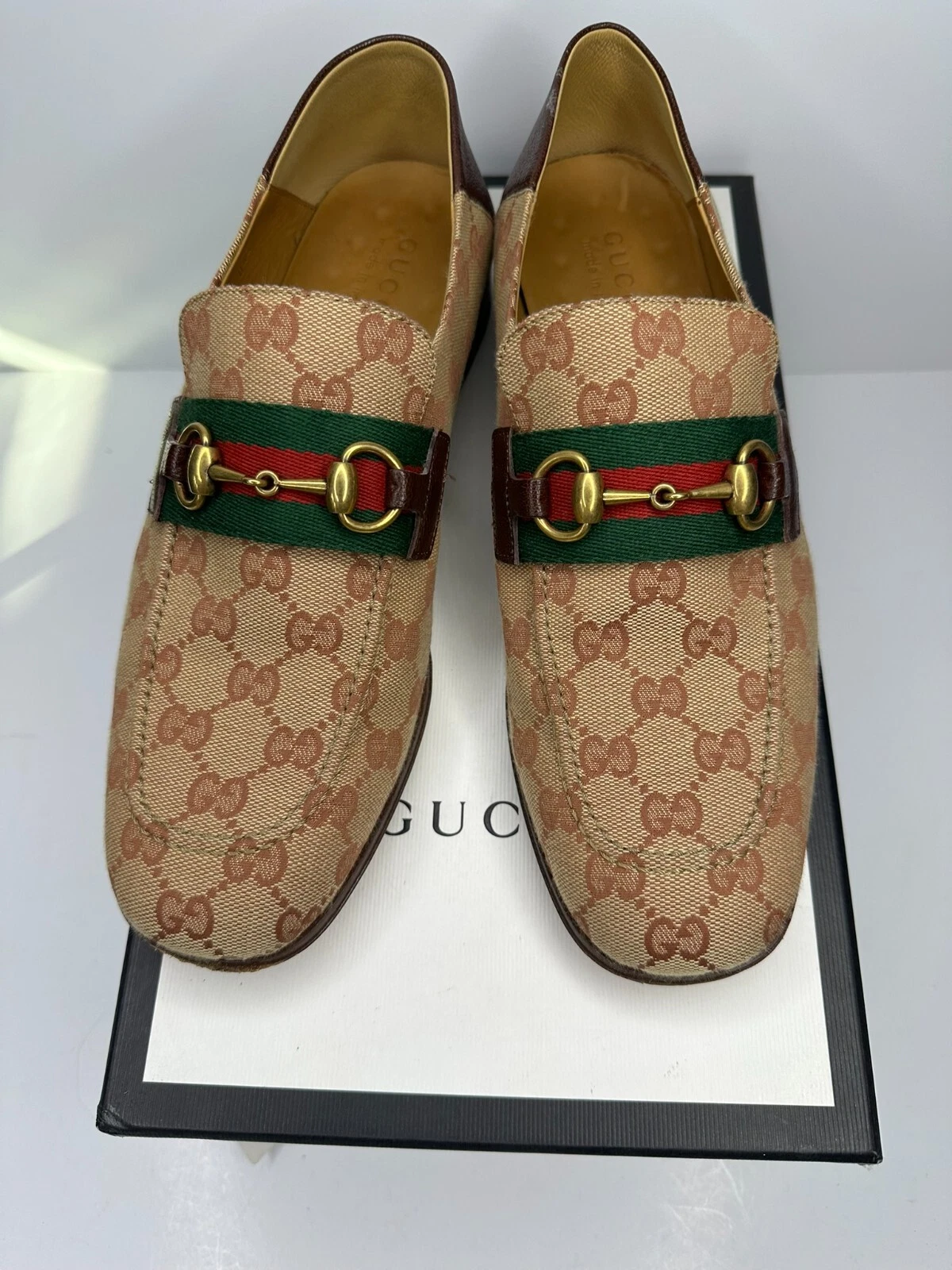 546223 CHAUSSURES MOCASSINS HOMME GG GG marron et marron monogramme toile HORSEBIT US 8,5