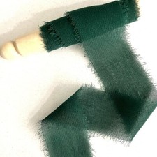 Forest Green, Dark Hunter Green Silk Chiffon Ribbon Hand Dyed With Frayed Edges