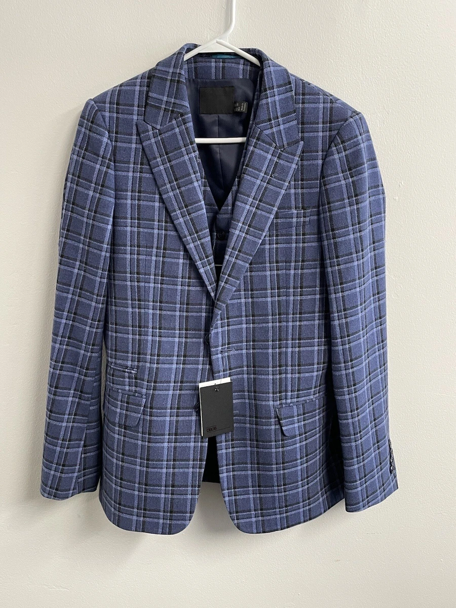 NWT New ASOS 3 Piece Blue Plaid Wool Blend Slim Fit Suit Size 34