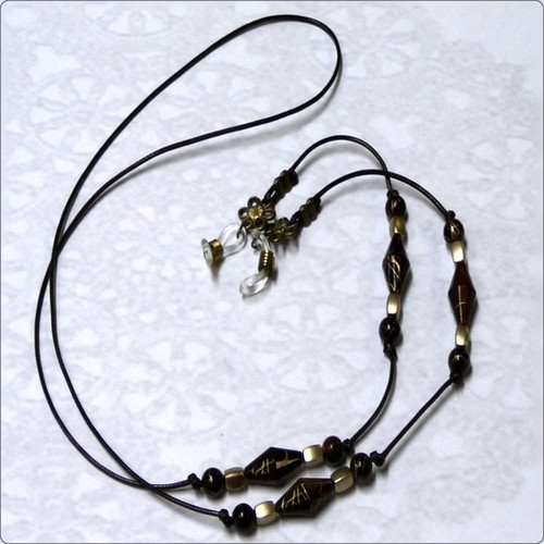 Reading eye glasses, spectacle chain holder lanyard beaded cord, Brown and Gold - Picture 2 of 4