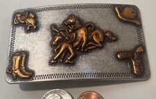 Vintage Metal Belt Buckle, Nocona, Cow Wrestling, Cowboy Boots, Holster, Cowboy