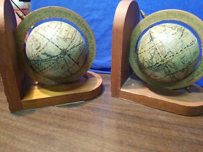 Vintage Old World Small Mini Map Globe Bookends Wooden Base Set Pair Nice Used