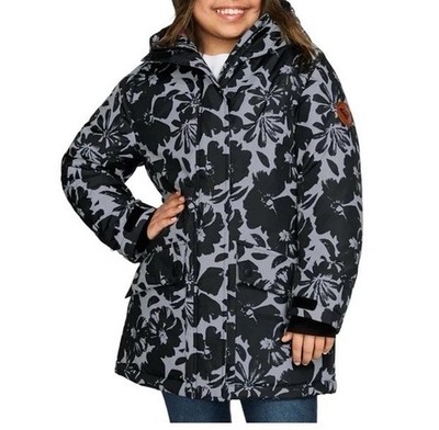 NEW NWT Roxy Girl floral insulated hooded Winter parka jacket black size 7/8