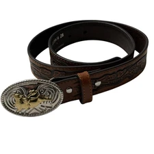 Nocona Belt Co Western Belt Mens 28 Brown Tooled Leather Bull Rider Buckle