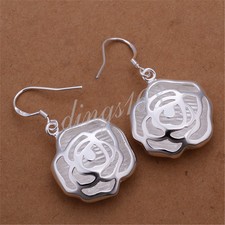 925 Sterling Silver Tarnish-Resist Rose Flower Open Hexagon Dangle Earrings Z891