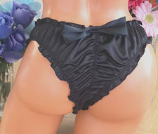 Black Lrg Shiny Ruffled Edge SATIN Bow Back Ruched Tanga Bikini Panties NEW