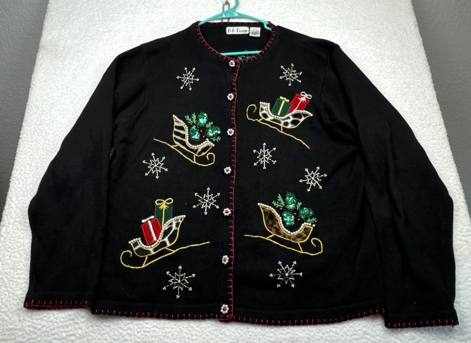 VINTAGE Black Embroidered Beaded Christmas Sleigh Cardigan Sweater BP DESIGN XL
