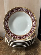 6 Waterside Fine China Burgundy & Red Gold Rim Soup Bowls/Small Plate Dish Set