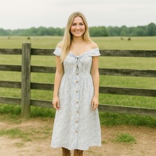 Mi Ami Floral Midi Dress Womens XS Blue White Linen Off Shoulder Cottagecore