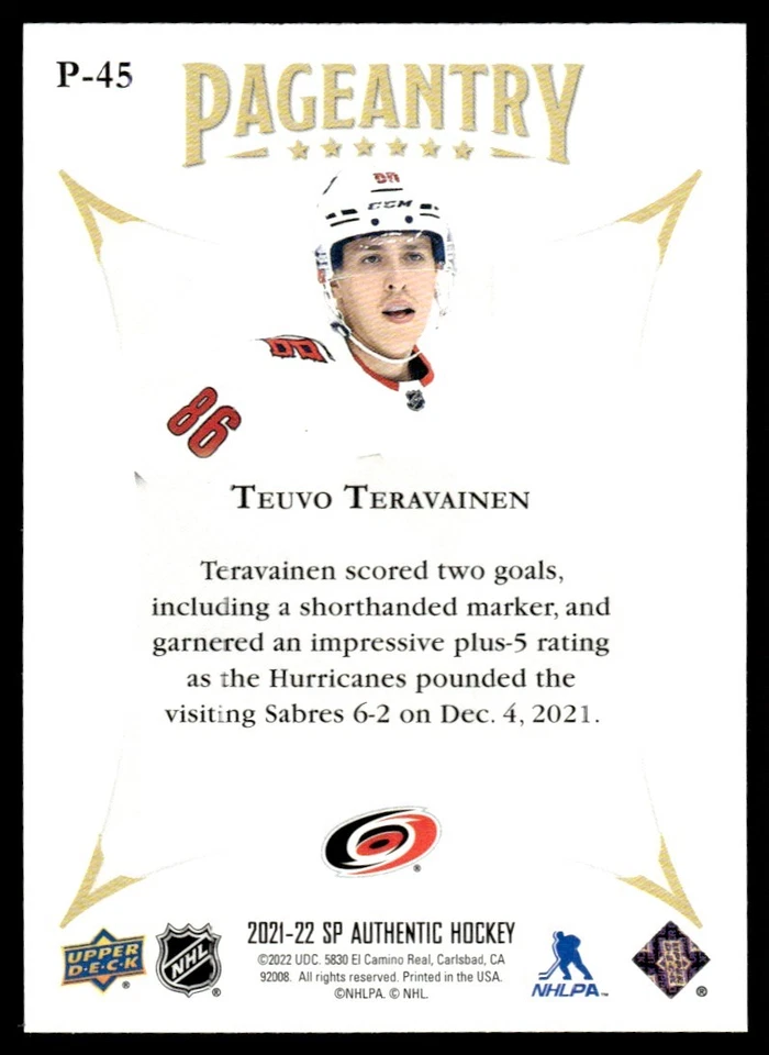 2021-22 SP Authentic Pageantry Teuvo Teravainen Carolina Hurricanes #P-45 - Image 2 of 2