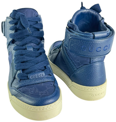GUCCI 409766 Blue Guccissima Nylon Leather High Top Men Sneakers 5