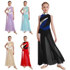 US Kids Girl Ruched Overlay Lyrical Dance Costume Ballet Gymnastic Leotard Dress