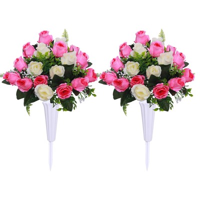 Set of 2 Artificial Cemetery Flowers with Vase,Grave Memorial Flowers,Artific...