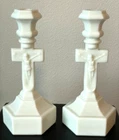 Vintage Milk Glass Crucifix Candle Holder Cross Candlestick 9.5" Tall Lot of 2