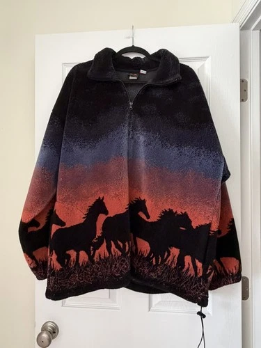 Vintage Mazmania 1990s Fleece quarter zip Wild Horses USA All Over Print Size 2X video thumbnail