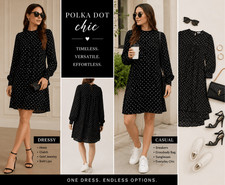 Chaps Polka Dot Shift Dress Large Black White Long Sleeve Keyhole Back Classic C