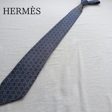 Hermes Herm s Tie with Flaws - Navy Blue, Chain Motif, All-Over Pattern, Silk, P
