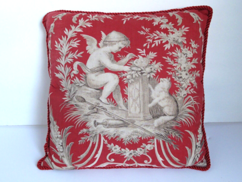 Antique Victorian Lithograph Pillow Red & White Angel & Cat 15" x 15" - Picture 1 of 11