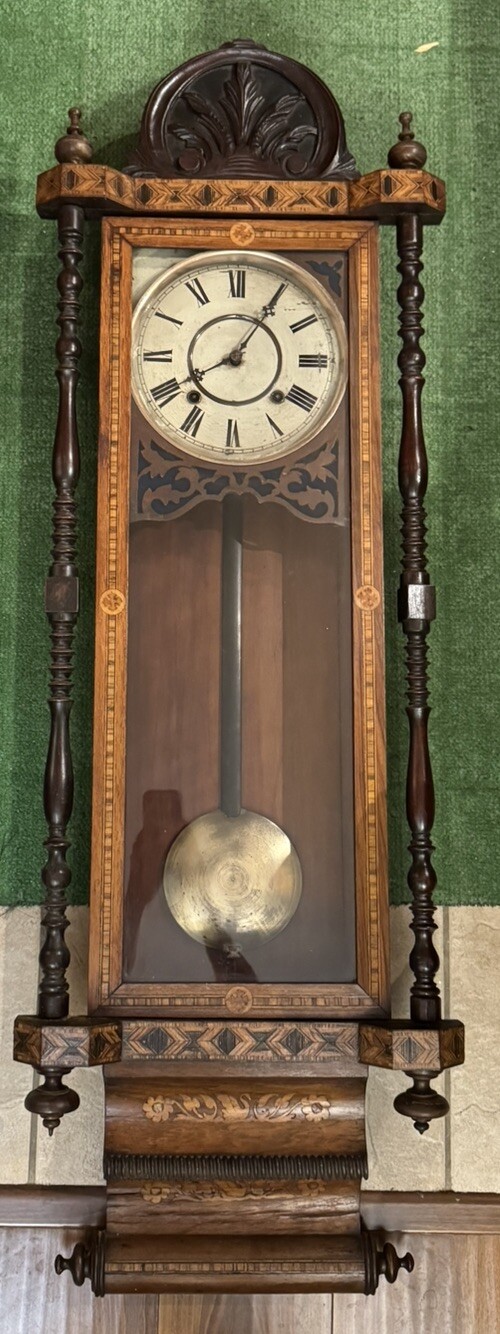 Antique Anglo American Regulator Wall Clock With Inlay- Caledonian Registered