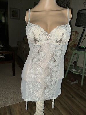 Victoria s Secret Seduction Lace Garter Slip 34B Bling TAUPE / IVORY Sexy NEW