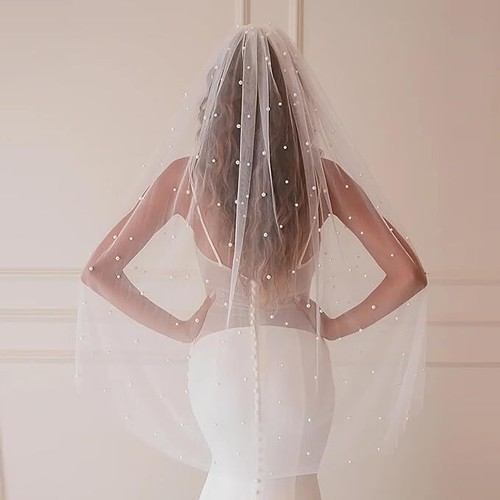 White Wedding Veils Bridal Fingertip Pearl Hair Accessories Bridal Veil - Picture 2 of 6