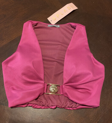 NWT Splash Boutique Swim Deep Plunge Cropped Bikini Top Fuchsia  Small Petite