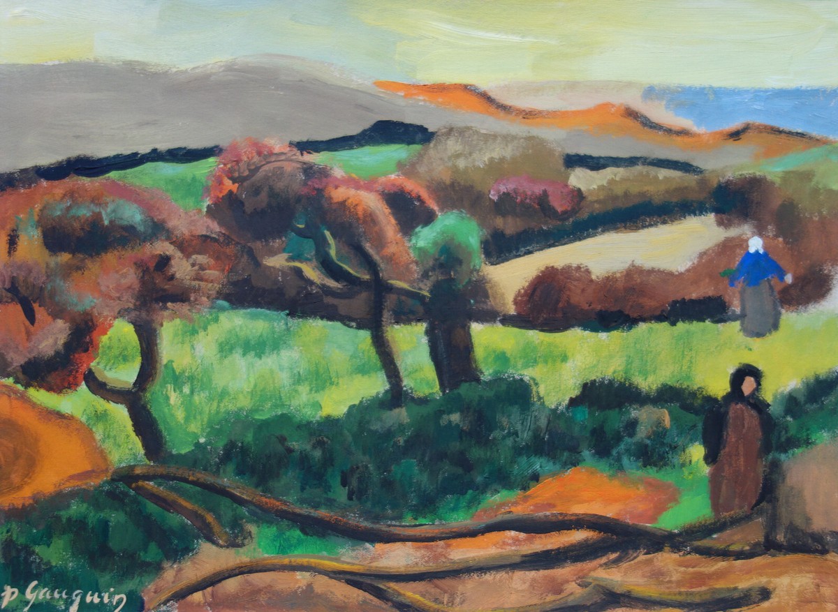 Rare fine unique Tahitian landscape painting, signed Paul Gauguin