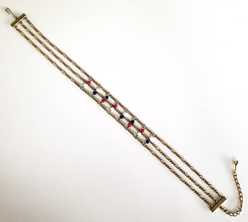 Vtg Red White Blue Glass Bead Gold Tone Choker Necklace Max 15" Adj Figaro Chain - Picture 4 of 8