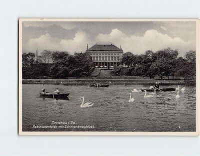 Postcard Swan Pond with Swan Castle Zwickau Germany