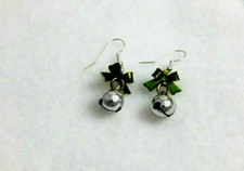 CHRISTMAS SILVER JINGLE BELLS, GREEN BOW FISH HOOK BACK EARRINGS-SIZE SMALL