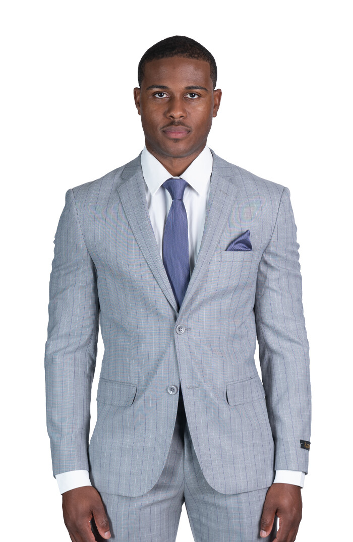 Slim Fit Button Mens Blazer Pinstripe Grey Purple Line Notch