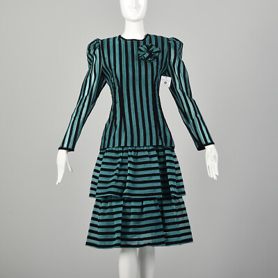 Medium 1980s Set Green Black Velvet Striped Tunic Shirt Skirt Ensemble VTG  80s