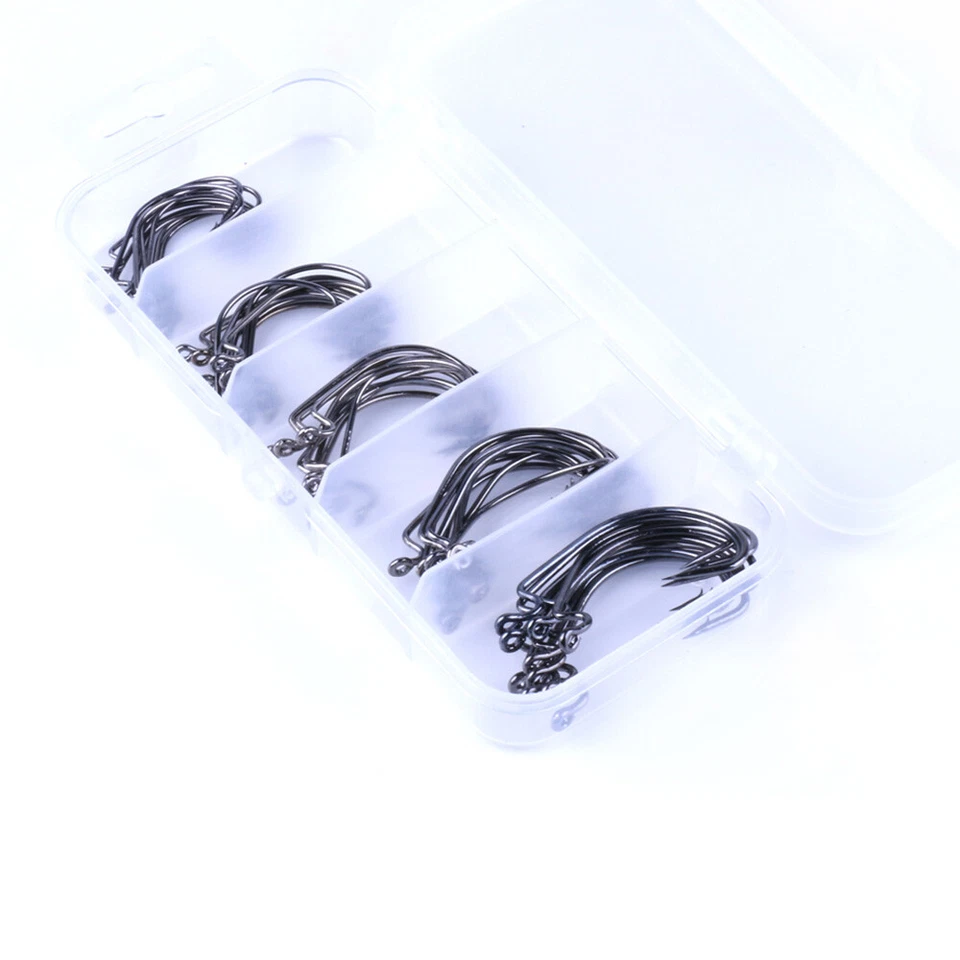 50x Ganchos/Caja de Pesca Circular Desplazado - Negro Rojo Acero Alto Carbono: Tallas #1-3/0 Foto 4 de 4