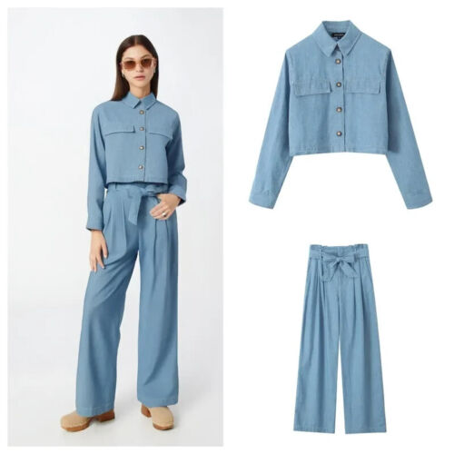 Women's Suit Short Long Sleeve Shirt Coat Top Belt Wide Leg Pants Set Two Piece