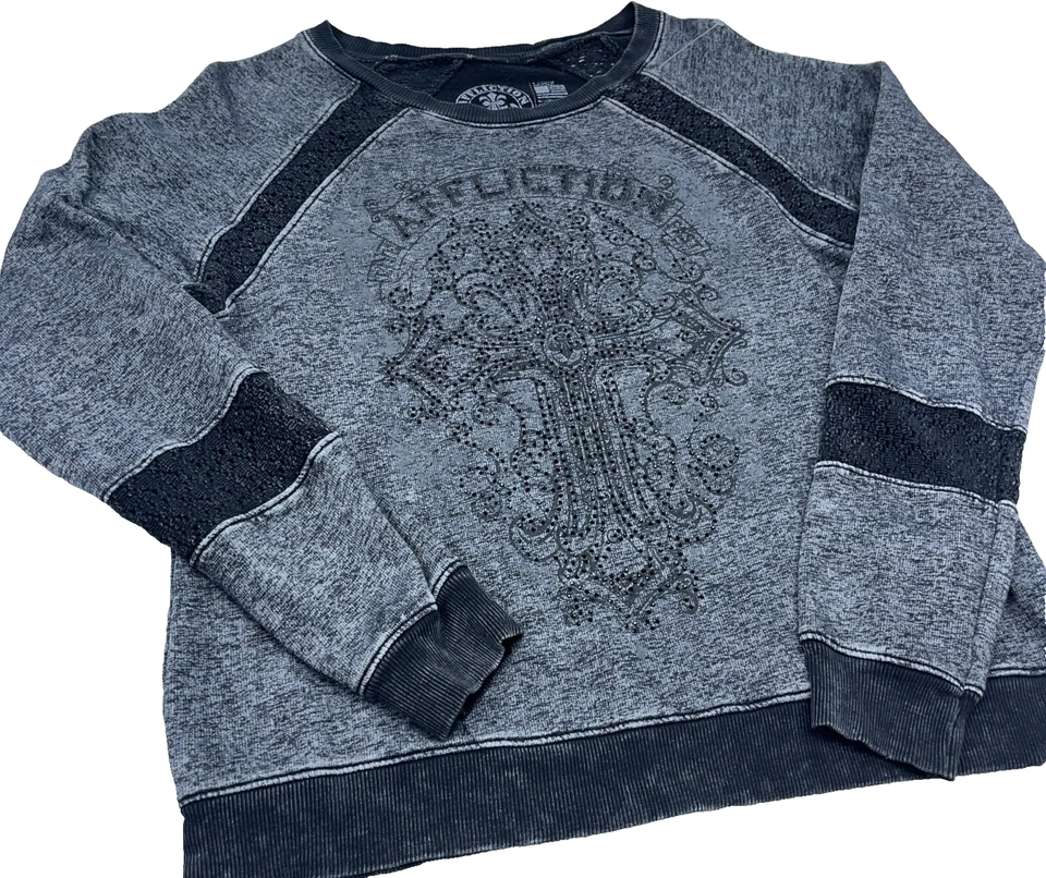 Affliction Sweatshirt Women Large Gray Black Crew Neck Sweater Goth Punk Cross - Image 2 of 4