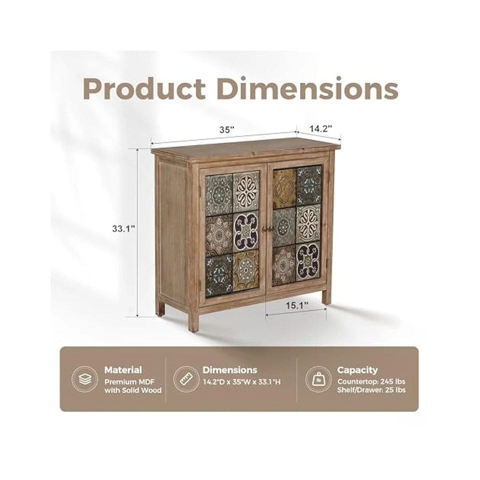 Farmhouse Style Sideboard, 2 Door, Removable Shelf, Classic Wood Finish - Image 2 of 4