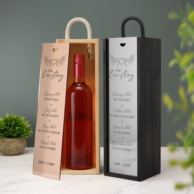 Unsere Liebesgeschichte Weinkiste individuell bedruckt Hochzeiten Jahrestag Brautjungfer Trauzeugen