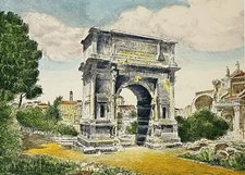 BELA SZIKLAY ARCH OF TITUS, ROME SIGNED HAND-COLORED ETCHING HUNGARIAN ARTIST