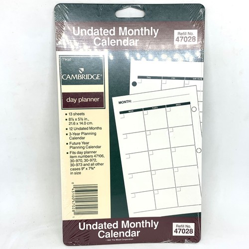 Mead Cambridge Undated MONTHLY Calendar Planner 8.5” x 5.5" Refill