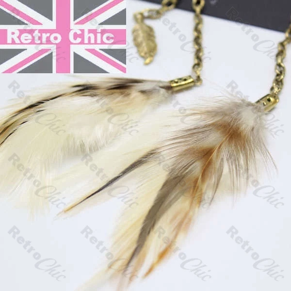 LONG chain FEATHER festival BOHO natural/brown/cream VINTAGE BRASS/GOLD feathers — 第 3/3 张图片
