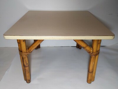 Vintage Retro Mid Century Modern Bamboo Cream Formica Top Side Table Boho Chic